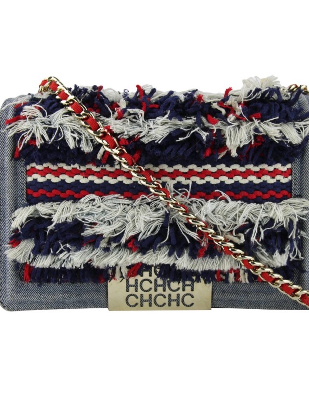 CH Carolina Herrera Fringe Denim Crossbody in Navy, Red & Cream Azul Bag